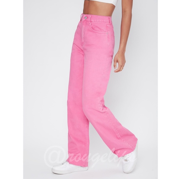90s Style Pink Wide Leg Jeans High Waist Raw Hem - Picture 4 of 14